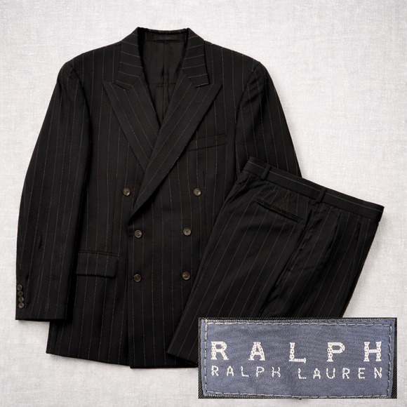 VTG 90s Ralph Lauren Pinstripe Suit 44T 38x34 Black Wool Peak Lapel Dbl Breasted